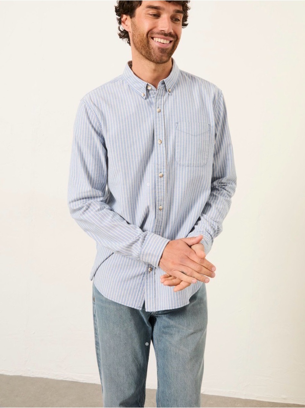 Fat Face Light Blue and White Stripe Button-Down Shirt